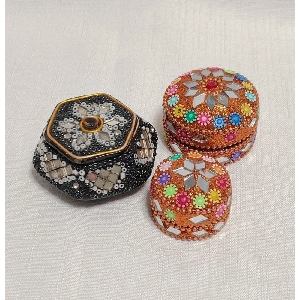 Hand Made Mosaic Beaded Bejeweled Tin And Wood Jewelry Trinket Boxes Lot Of 3